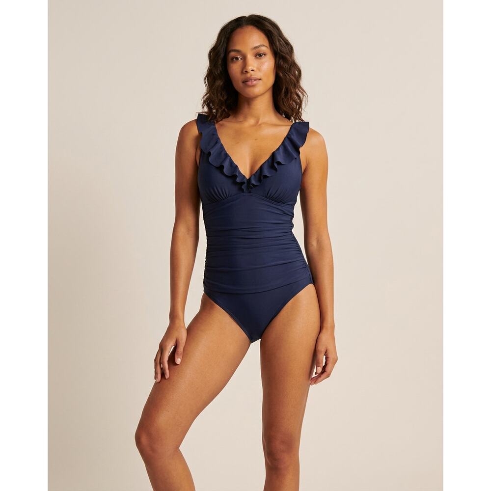 DKNY Womens Ruffle V Neck One Piece Swimsuit Tummy Control Navy XXL